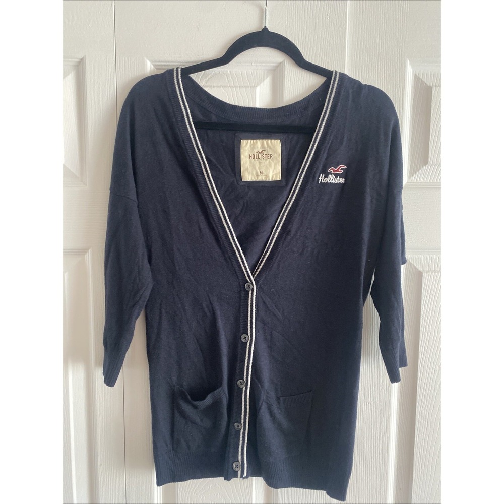 Hollister Tipped V-Neck Cardigan Womens Size M Navy Blue Preppy Y2K Cotton Blend